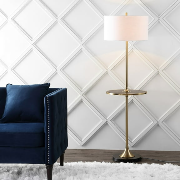 JONATHAN Y Luce 59" Metal/Wood LED Floor Lamp with Table, Black/Brass