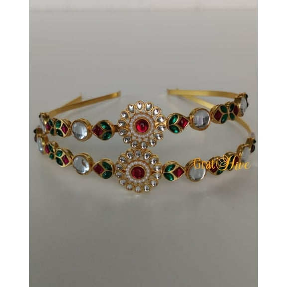 Floral Kundan mathapatti hairband for Women | Red Centerpiece hair band with Green Enamel | Traditional Hairband Hair Accessories | Kundan Headband for Women
