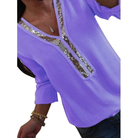 - Womens Sequin V Neck Long Sleeve Tops Ladies Casual Club T-Shirt Blouse Pullover