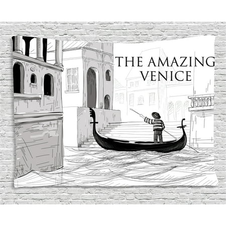 Venice Tapestry, Canals of Venice Child Gondolier on Water Historical Amazing European City Sketch, Wall Hanging for Bedroom Living Room Dorm Decor, 80W X 60L Inches, Black White, by