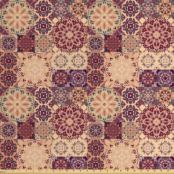 Moroccan Fabric by The Yard, Grid Style Ornate Ceramic Style Tile Orient Vintage Inspirations