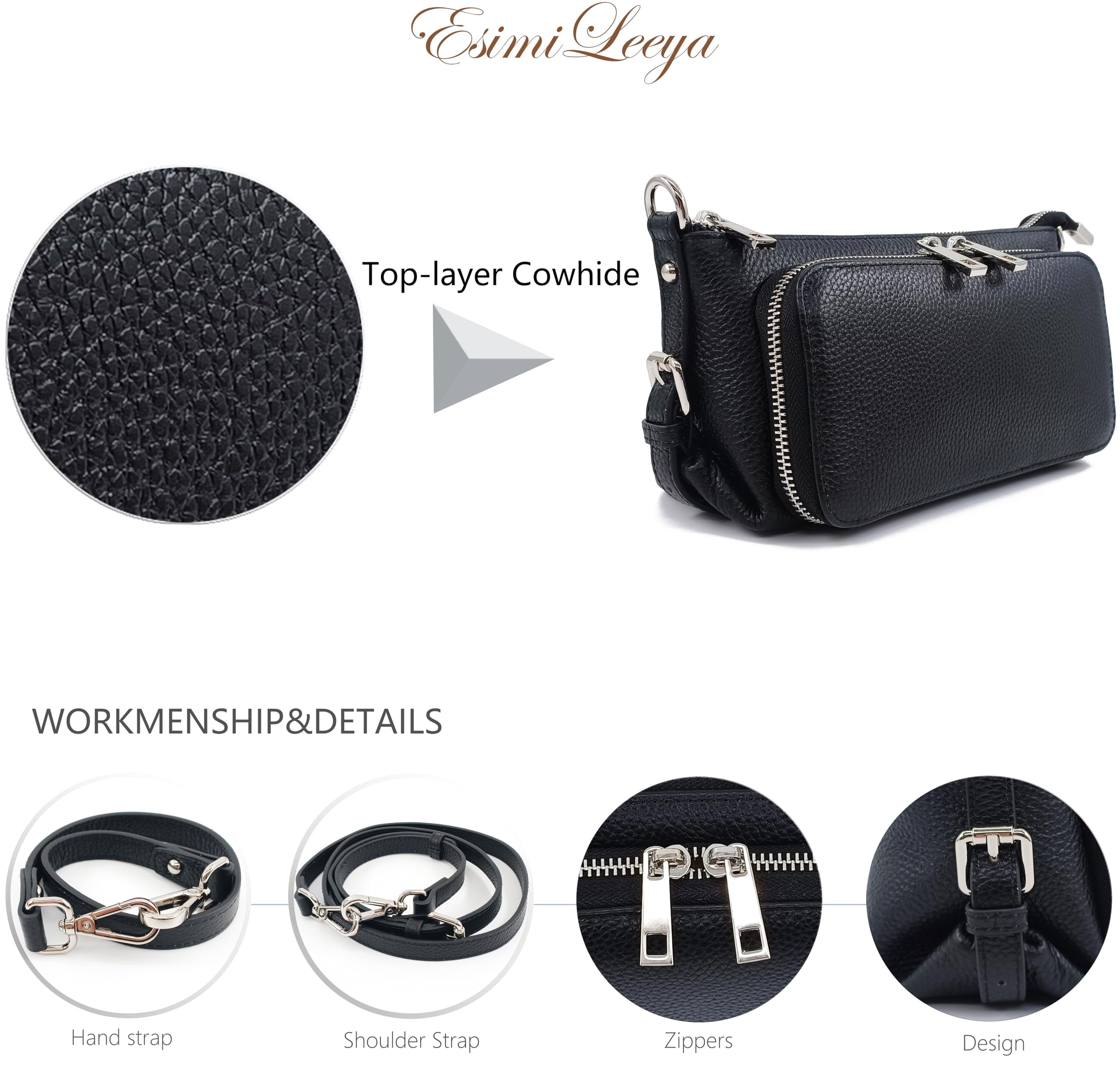 PORT&LOTUS Black Slim Genuine Leather Crossbody Purses for Women with Shoulder Strap