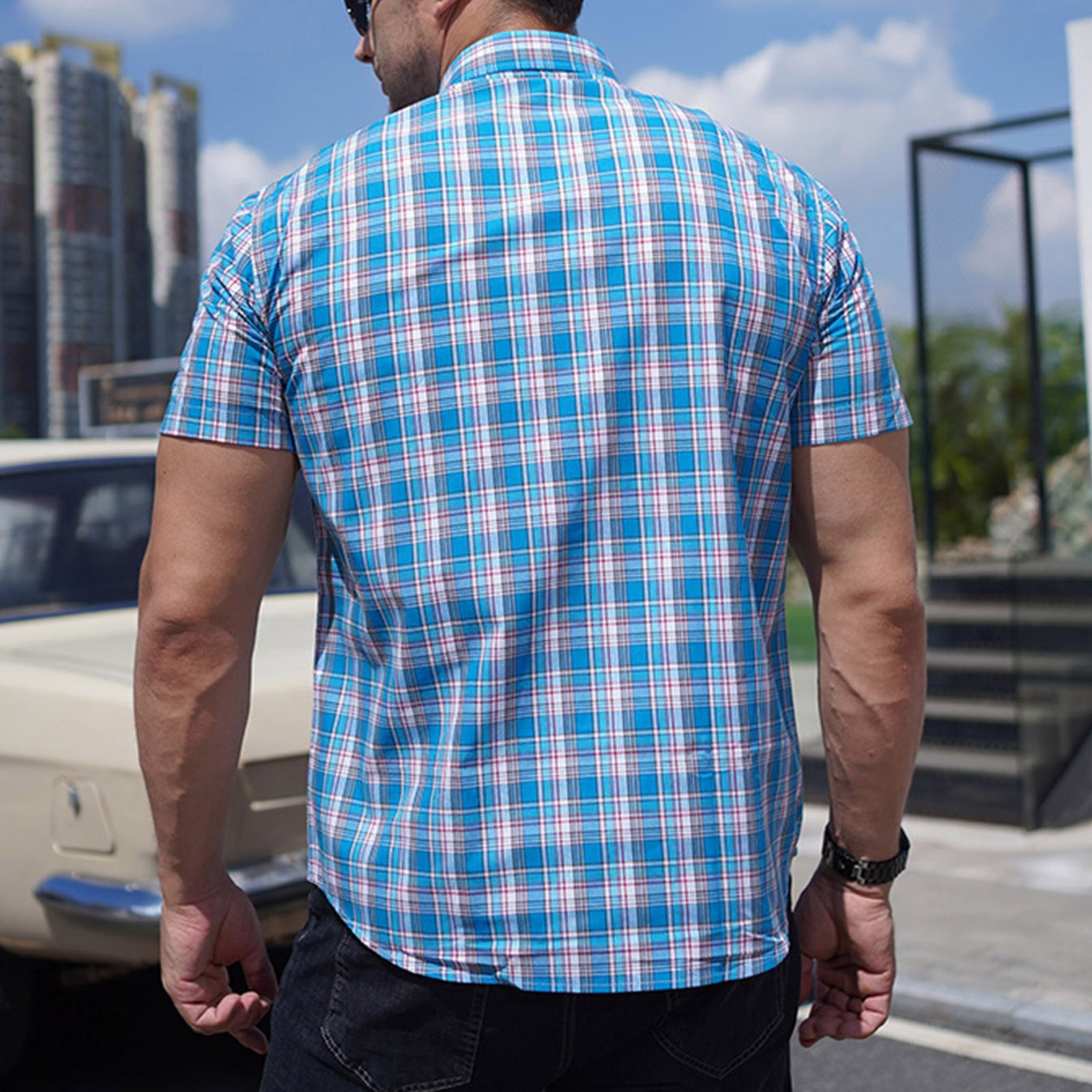 Men's Summer Plaid Button Down Shirt Loose Fit Soft Cotton
