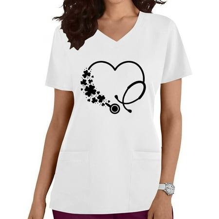 

Funicet Savings Clearance 2023! Womens Plus Size Scrubs Tops Short-Sleeve Nurse Uniform V Neck Working Uniform Cute Floral Printed T-Shirts Casual Blounce w/Pockets