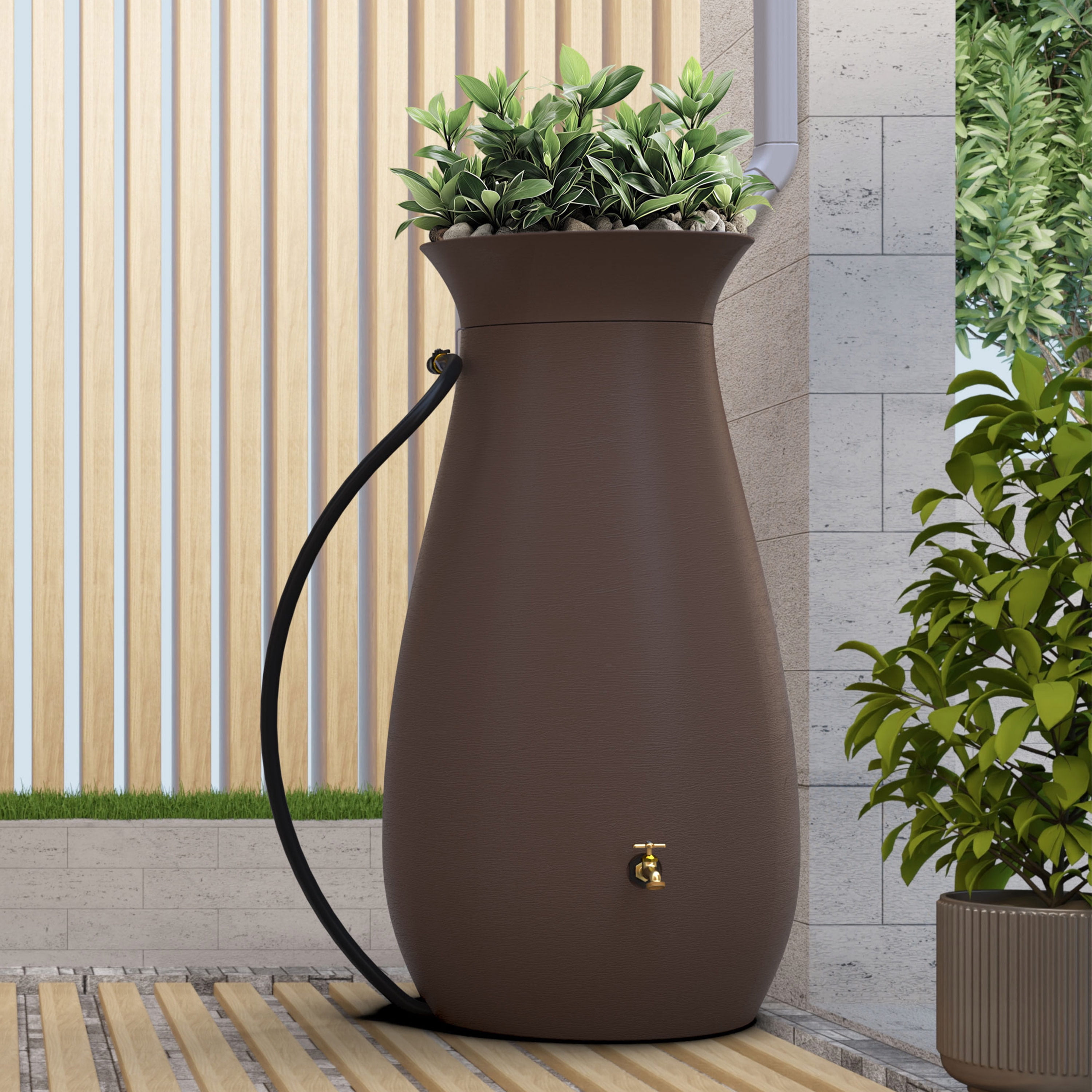 Algreen Cascata Rain Barrel, 65 Gallon, Dark Brown Resin