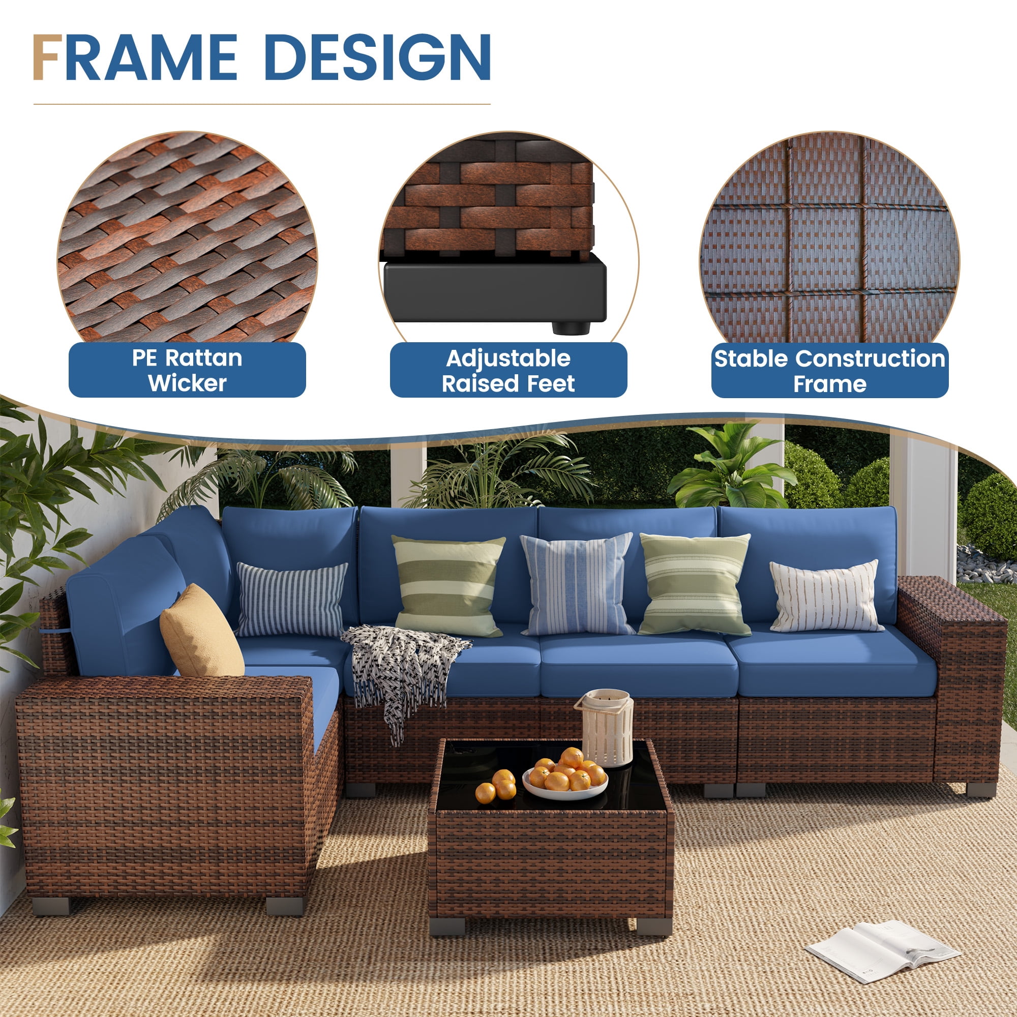 Poteban Patio Furniture Set 6 PCS Outdoor Sectional Conversation Sets Featuring Widen Wicker Armrests and High Back,Brown&Blue