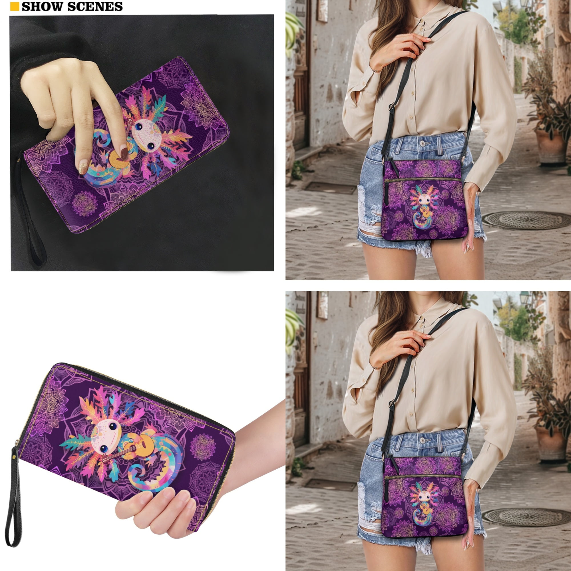 ZUXONGSY Boho Mandala Axolotl Guitar Print sPU Leather Crossbody Bag & Wallet Set for Women, Spacious Satchel Hobo Purse with Adjustable Strap for Travel, Work & Casual Outings