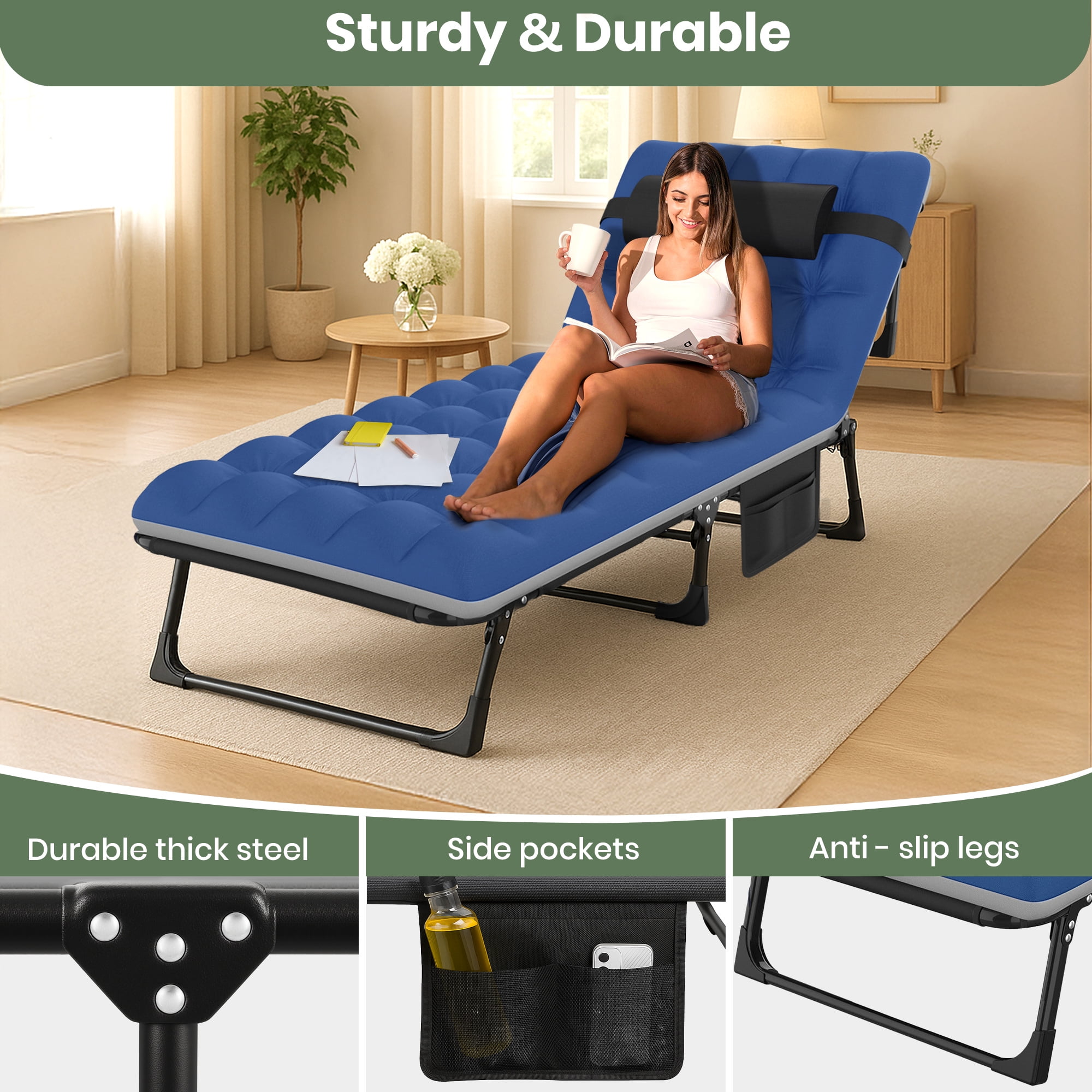 Gvdv Portable Folding Camping Cot with Mattress, 29" Wide Multi-Position Folding Chaise Lounge Chair, Oversized Folding Bed Sleep Cot for Outdoor, Home, Office