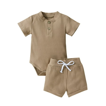 

Maxcozy Summer Newborn Baby Boy Girl Ribbed Outfits Cotton Button Short Sleeve Tops Bodysuit + Shorts
