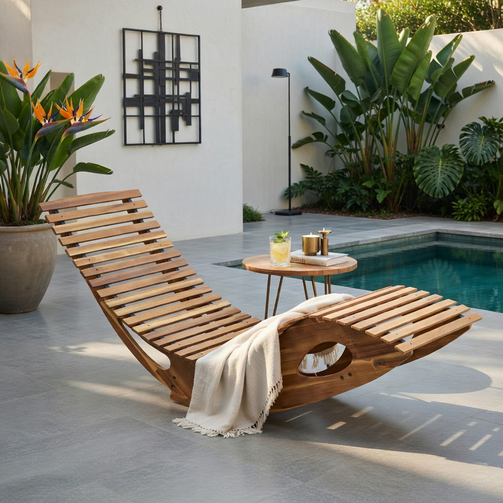 Hommoo Acacia Wood Rocking Chaise Lounge Chair, Ergonomic Curved Seat, Breathable Slatted Design, Outdoor Sun Lounger for Patio, Poolside & Backyard, Natural