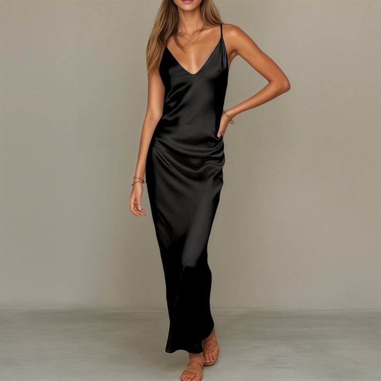 CUZIBR Bodycon Dresses For Women Solid Color Deep V-Neck Spaghetti Strap Sleeveless Slim Fit Elegant Satin Seamless Tea Party Maxi Dress Ankle-Length Lightweight Soft Comfy Dailywear,Black,L