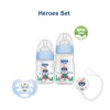 Wee Baby Heroes Newborn Baby Bottle Feeding Starter Gift Set, Soother, Soother Chain, Breast-Like Nipple for Natural Latch, Anti-Colic Features, BPA Free, Blue/Boys, 4-Count