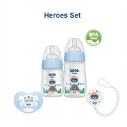 Wee Baby Heroes Newborn Baby Bottle Feeding Starter Gift Set, Soother, Soother Chain, Breast-Like Nipple for Natural Latch, Anti-Colic Features, BPA Free, Blue/Boys, 4-Count