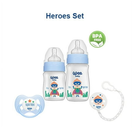 Wee Baby Heroes Newborn Baby Bottle Feeding Starter Gift Set, Soother, Soother Chain, Breast-Like Nipple for Natural Latch, Anti-Colic Features, BPA Free, Blue/Boys, 4-Count