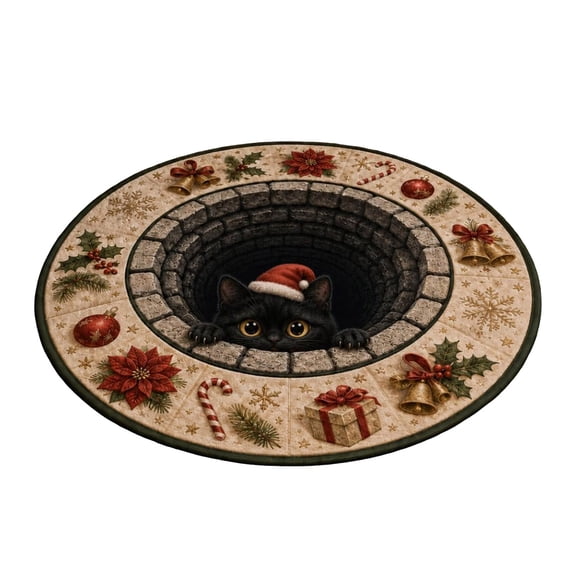 CookMate Christmas Round Decorative Area Rug 3D Optical Black Cat Santa Hat Design Non Washable Beige Floor Mat For Entryway Bedroom Living Room Indoor Holiday Season Home Styling