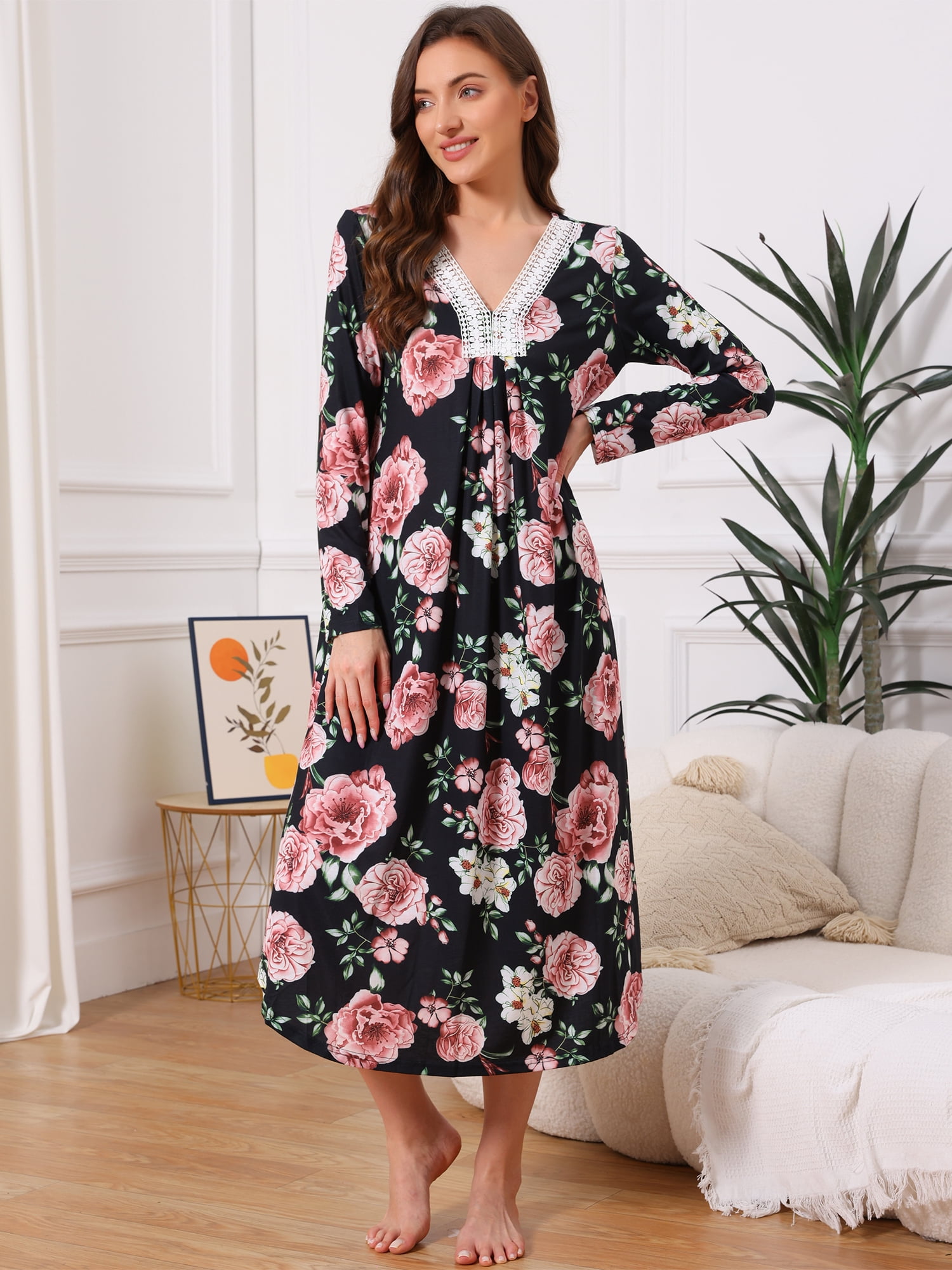 DARING DIVA Women's Moomoo Sleepwear Floral Long Sleeves Mumu Lounge Dress M Black