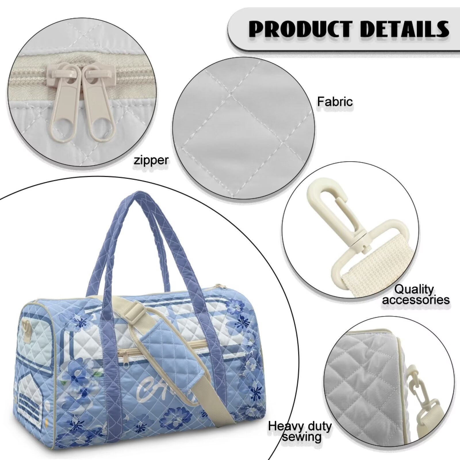 Garronmavis Blue Floral Large Quilted Duffle Bag for Women Carry On Weekender Bag Travel Bag Shoulder Gym Dance Overnight Tote with Zipper Pockets