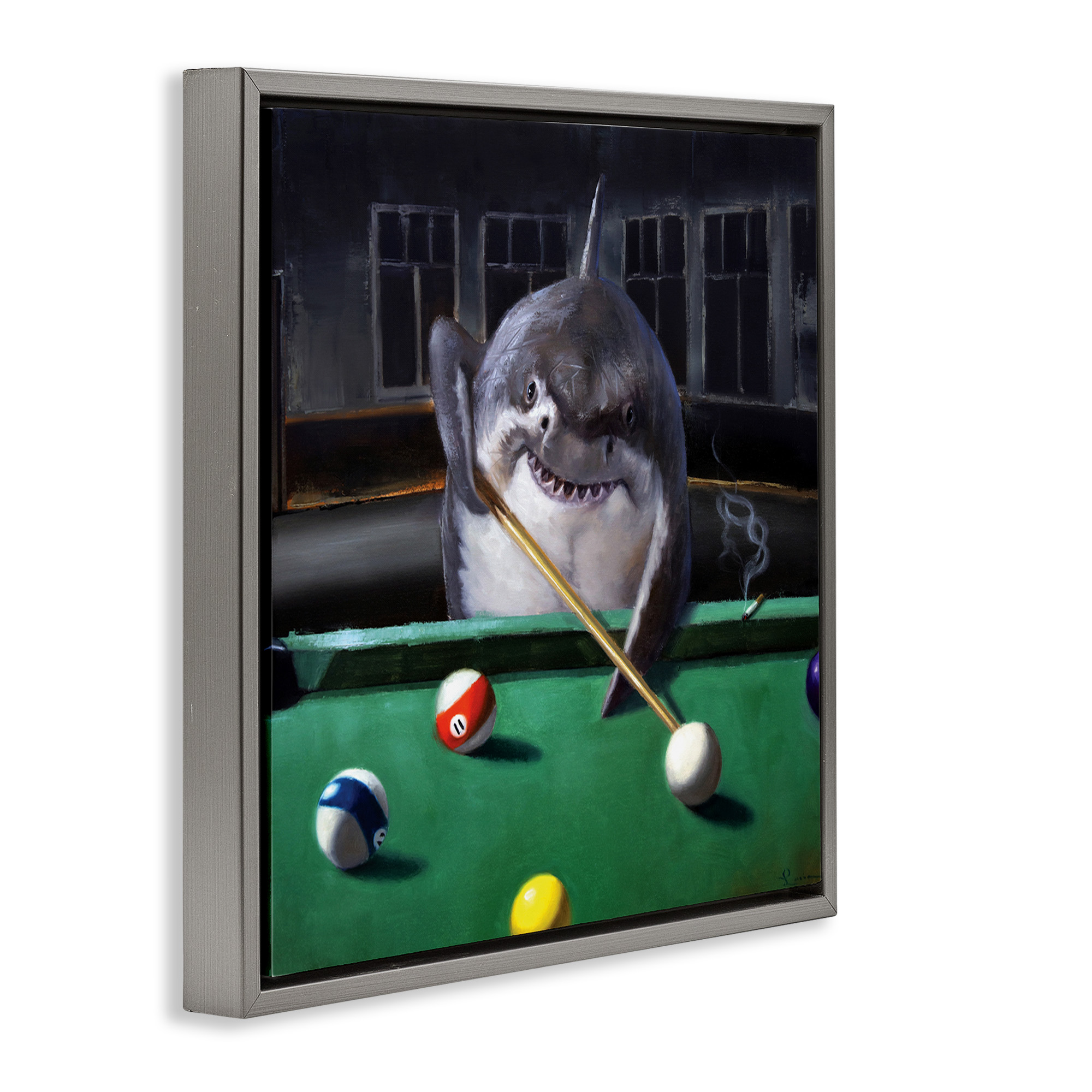 Stupell Industries Pool Shark Animal Pun Animals & Insects Painting Gray Floater Framed Canvas Art Print Wall Art, 18 x 18