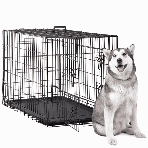 Dkelincs 42" XL Foldable Dog Crate Metal Dog Cage Kennel with Double Door & Tray, Black