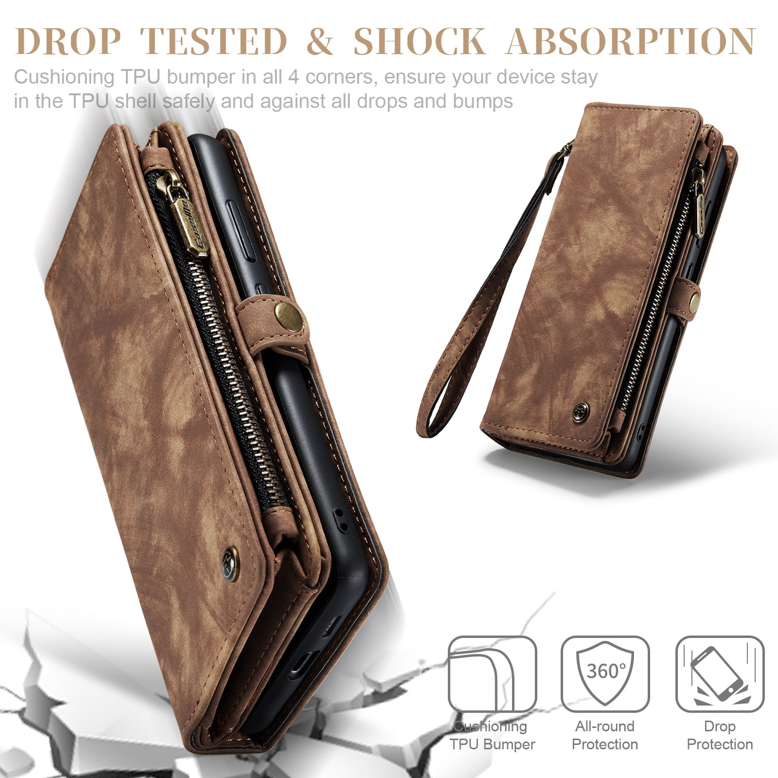 Allytech Magnetic Detachable Wallet Case for Samsung Galaxy A16 5G with Card Slots & Zipper Pocket, Support Wireless Charging, PU Leather Wrist Strap Shockproof Full Protection Flip Case, Darkbrown