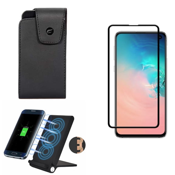 Galaxy S10e Case Belt Clip w Wireless Charger w Screen Protector - Leather Swivel Holster, 10W Fast Folding Stand, Tempered Glass 5D Curved Edge for Samsung Galaxy S10e Phone