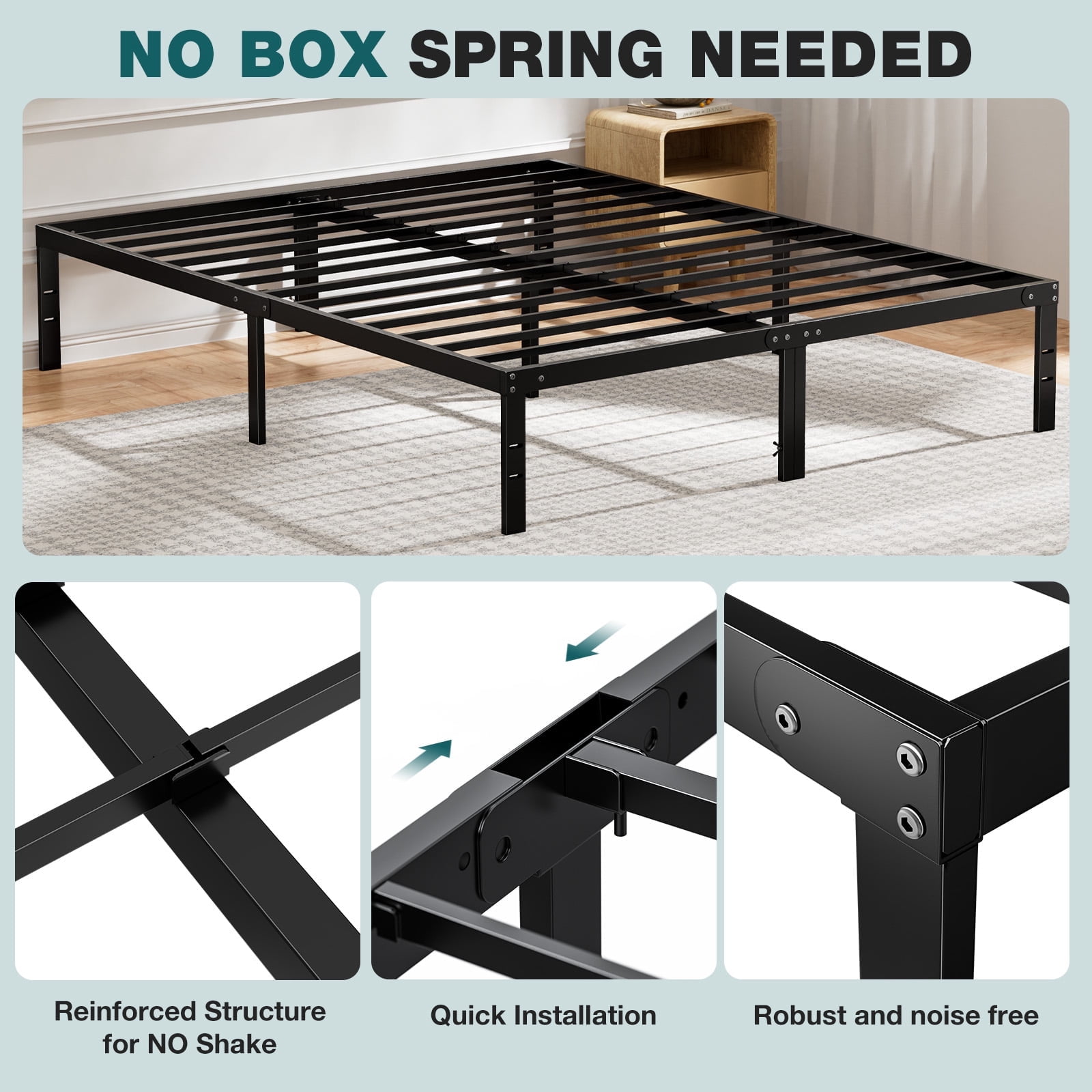 14 Inch King Size Metal Platform Bed Frame, Heavy Duty Steel Base with Underbed Storage Space, No Box Spring Needed, Sturdy Black Bed Frame for Bedroom