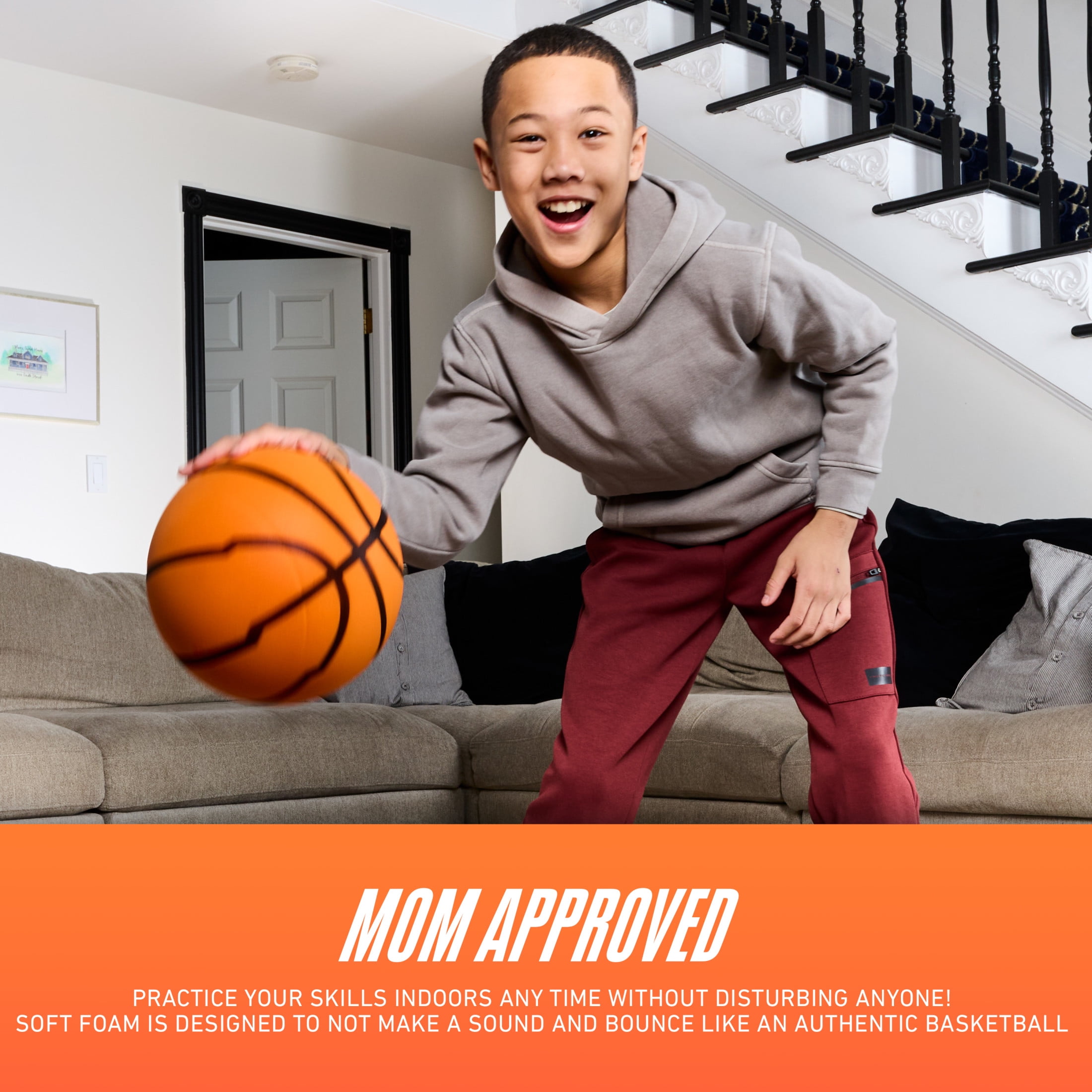 NERF Quietcourt Silent Foam Basketball - Official Size Quiet Ball for Indoor Dribbling Practice + Drills - 29.5" Inch Kids + Youth Basketball - Never Goes Flat Foam Construction