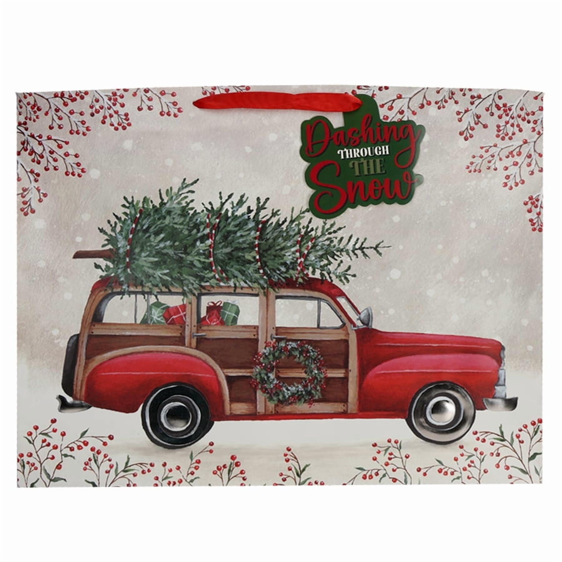 Super Jumbo Red and White Vintage Car Christmas Paper Gift Bag, 22" x 8.67" x 17", by Holiday Time