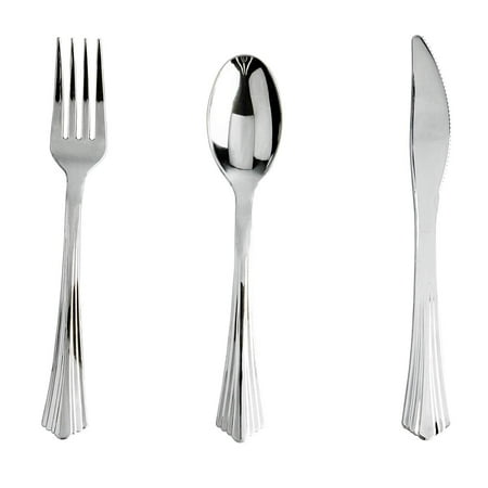 Perfect Settings 300 Silver Plastic Cutlery - Polished Disposable Silverware Set with an Elegant Fan Design Fancy Flatware - Ideal Utensils for Weddings and Parties - 100 Forks 1000 Knives 100 (Best Way To Clean Silver Plated Cutlery)