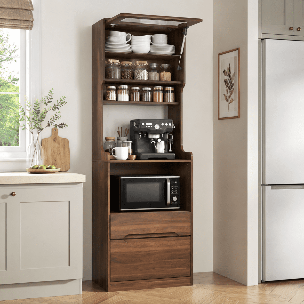 Aukfa 71" Tall Pantry Cabinet with Pull-Out Drawer, Walnut Kitchen Hutch W/Lift-up door Farmhouse Buffet Sideboard