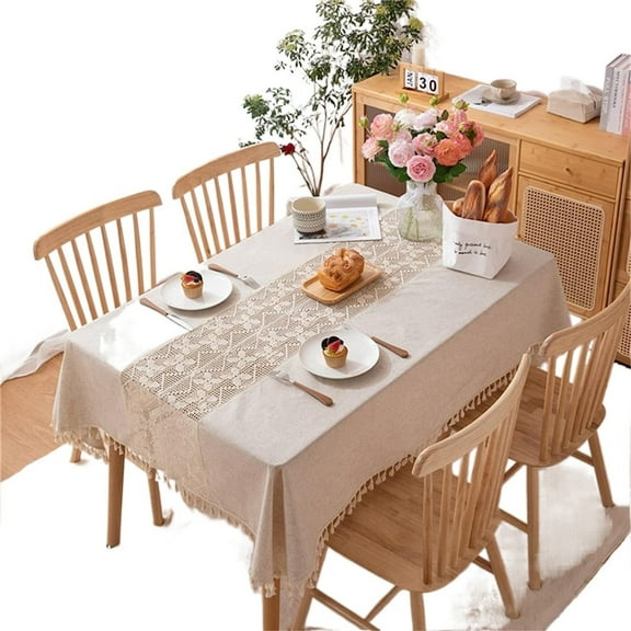 Polyester Cotton Linen Rectangle Tablecloth - Hollow Out Heavy Weight Tabletop Decoration - Beige Dust-Proof Table Cover for Party Table Cover Kitchen Dinning Room