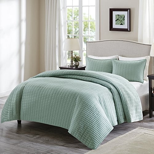 Comfort Spaces Kienna Quilt Set-Luxury Double Sided Stitching Design Summer Blanket, Lightweight, Soft, All Season Bedding Layer, Matching Sham, Seafoam, Coverlet Full/Queen(90"x90") 3 Piece