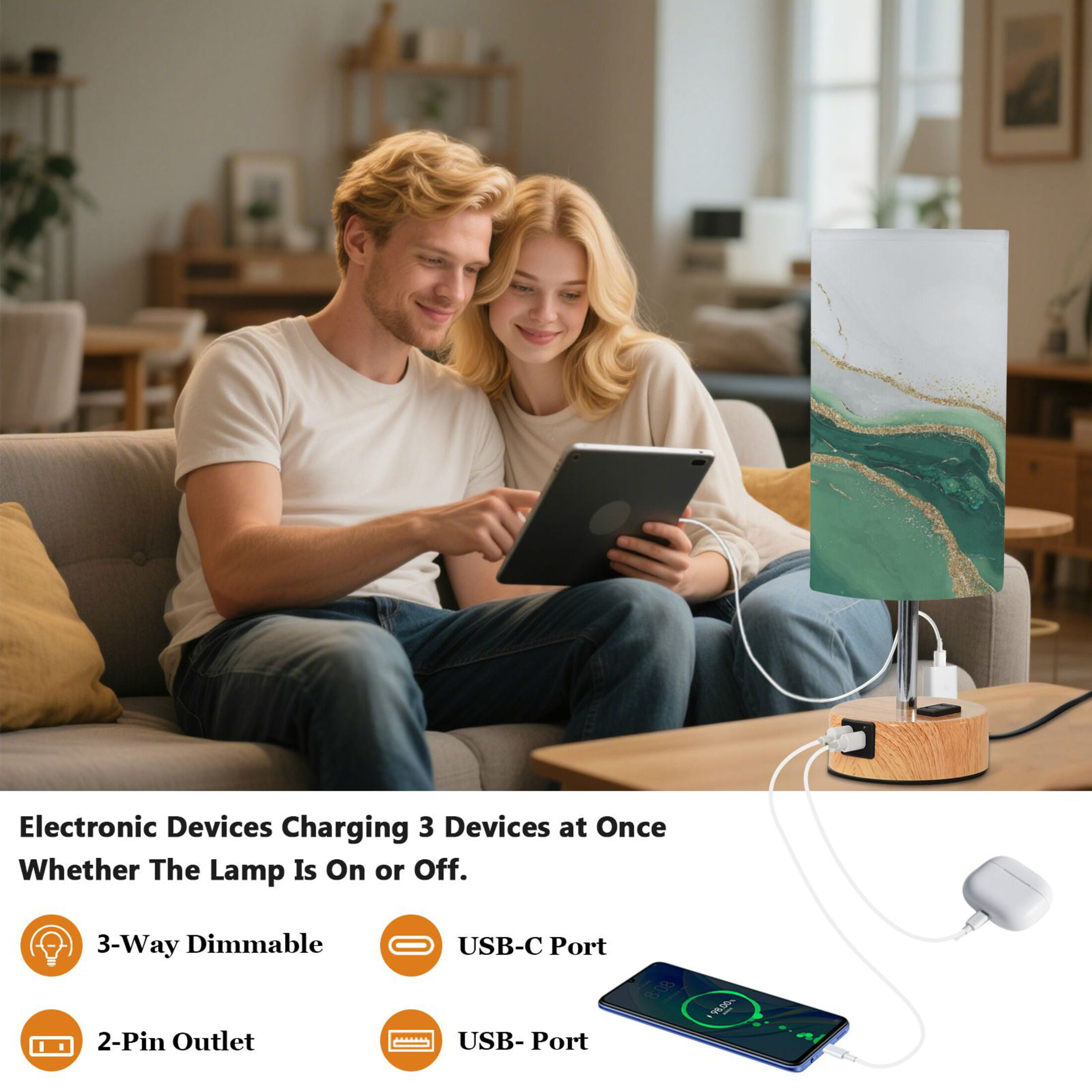 Touch-Control 3-Color Desk Lamp with Plug – Energy-Saving LED + 3 Simultaneous Charging Ports Alluring Gold-green Marble