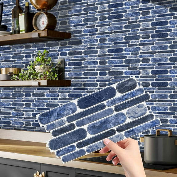 12Sheet Self Adhesive Vinyl Tiles Stickers 9.68 x 4.72inch Blue Gray Marbling Mosaic Wall Decals Waterproof Peel and Stick Backsplash DIY Decor