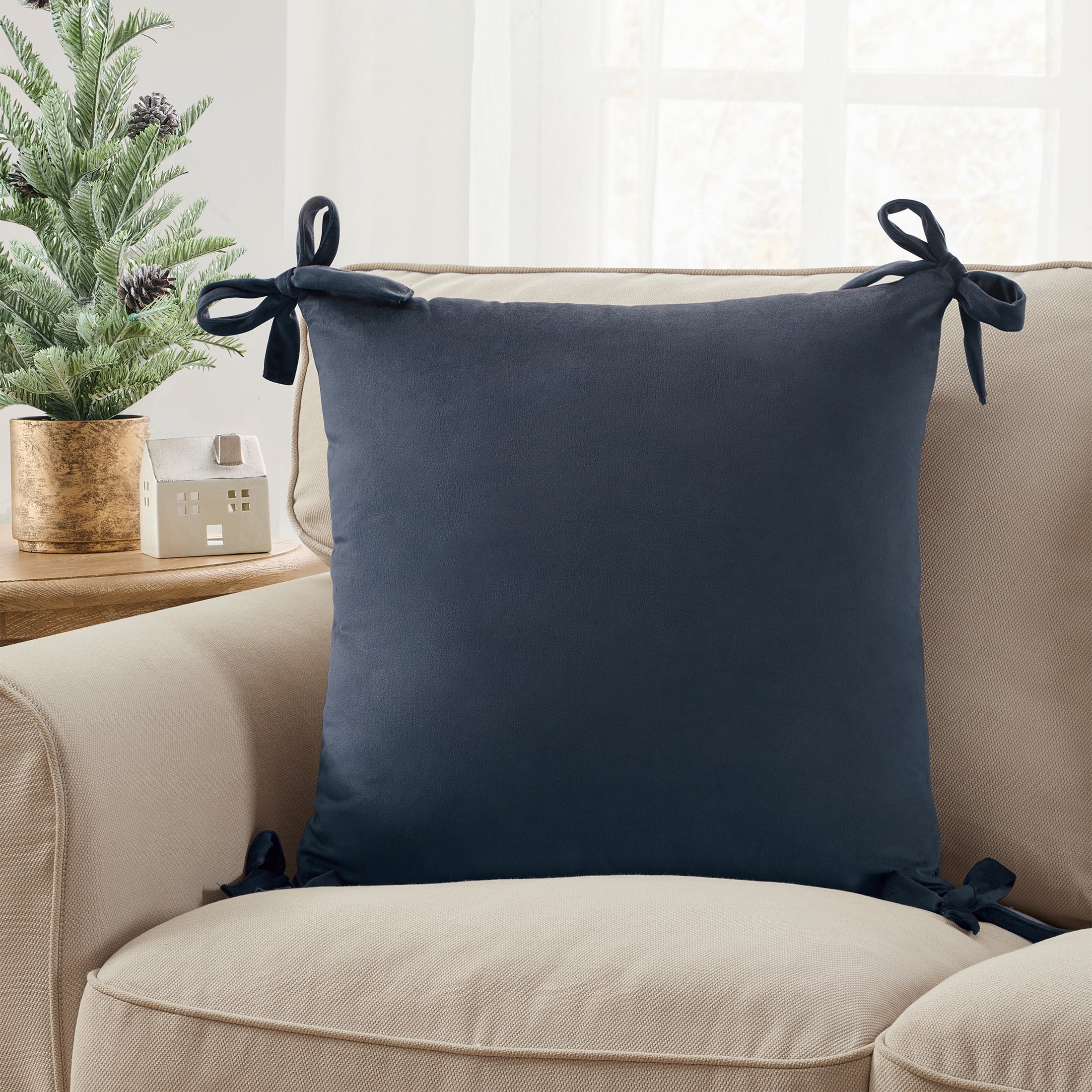 My Texas House 20" x 20" Navy Velvet Bow Decorative Pillow