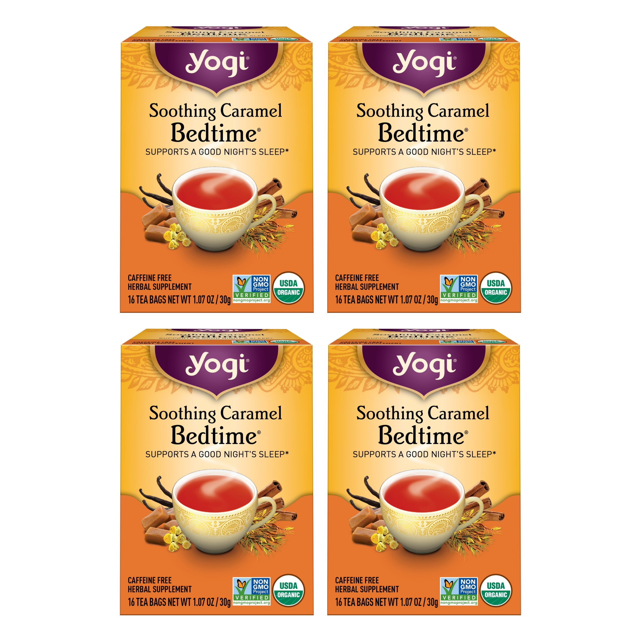 Yogi Tea, Soothing Caramel Bedtime, Herbal Tea Bags, 4 Boxes of 16