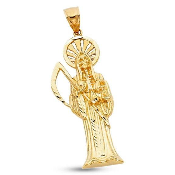 14k Yellow Gold Santa Muerte Pendant Death Grim Reaper Charm Large Religious Style 57 x 25 mm