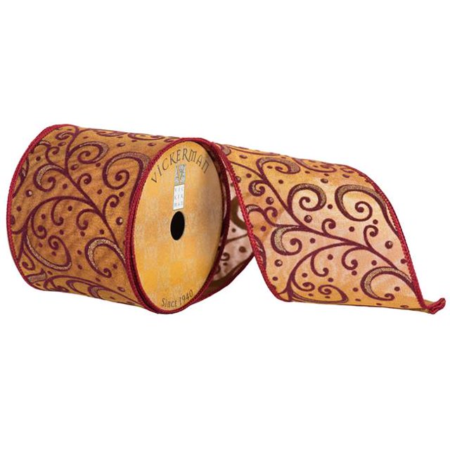 Vickerman Q172303 4 in. x 10 Yard Burgundy Scrolls on Gold Sheer Wired Ribbon