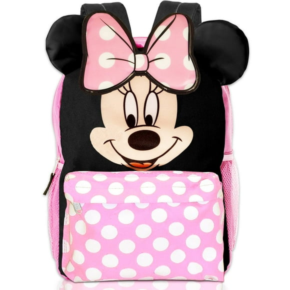 Disney Minnie Mouse Mini Backpack for Toddlers ~ Deluxe 12" Minnie Face Bag with 3D Ears and Bow (Minnie Mouse School Supplies Bundle)