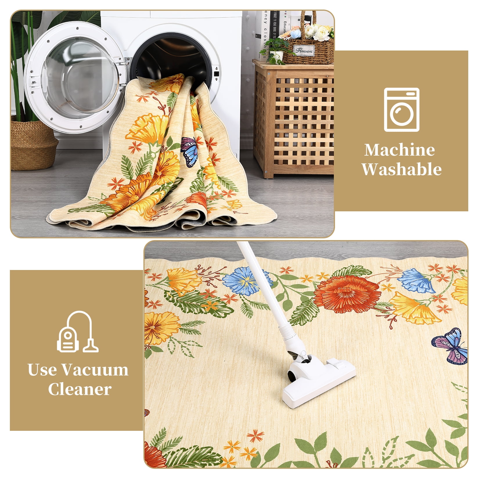 Garvee 2'x6' Area Rugs Washable Foldable Print Runner Rug, Non-Slip Low Pile Rug Distressed Indoor Floral Rugs for Hallway, Laundry Room Rug, Farmhouse Kitchen Mat, Yellow