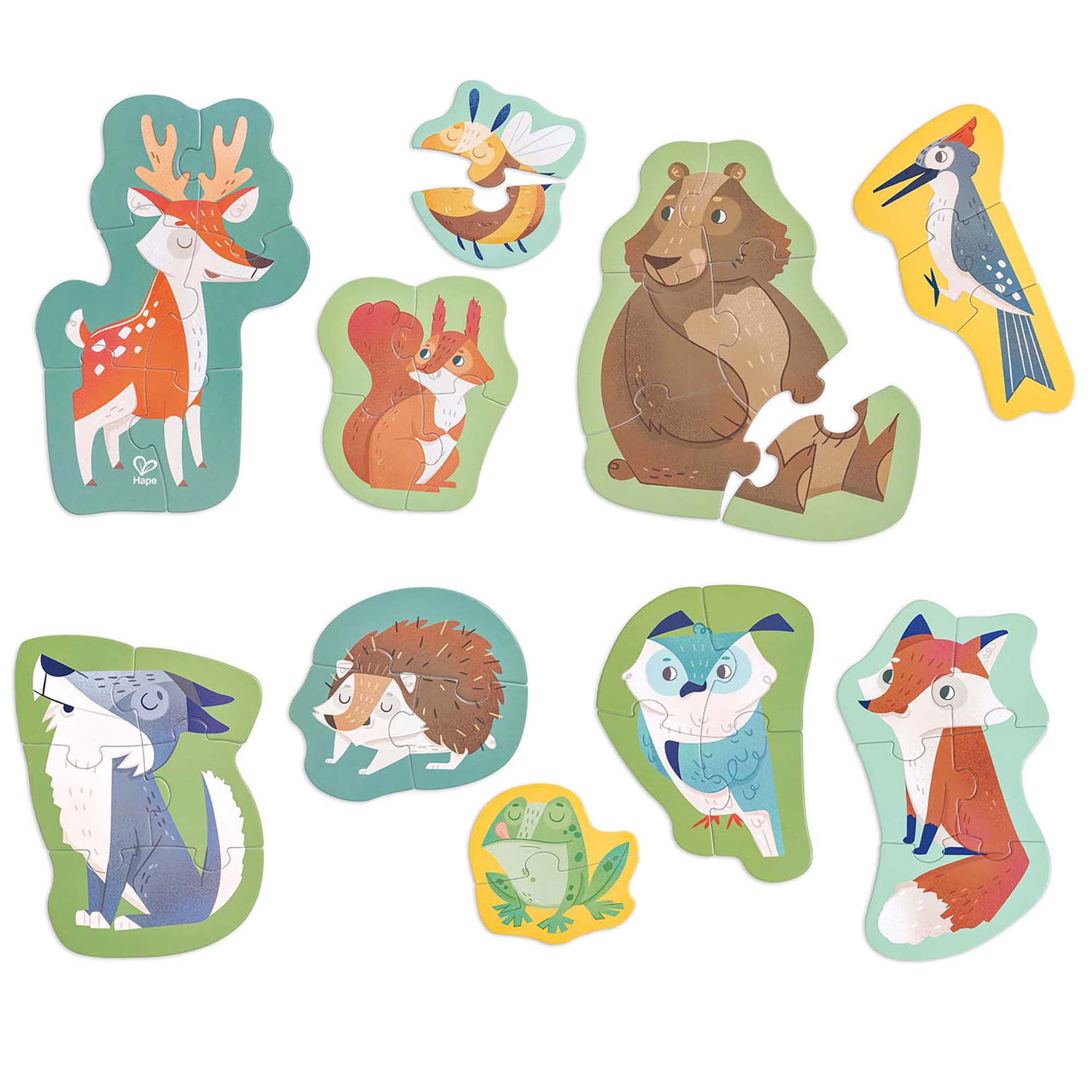 Hape: Woodland Friends Puzzle - 10 Mini Animal Shaped Puzzles, 2-6 Oversized Pieces Each, Colorful Design, Preschool Toy, Toddlers & Kids Ages 18mo+