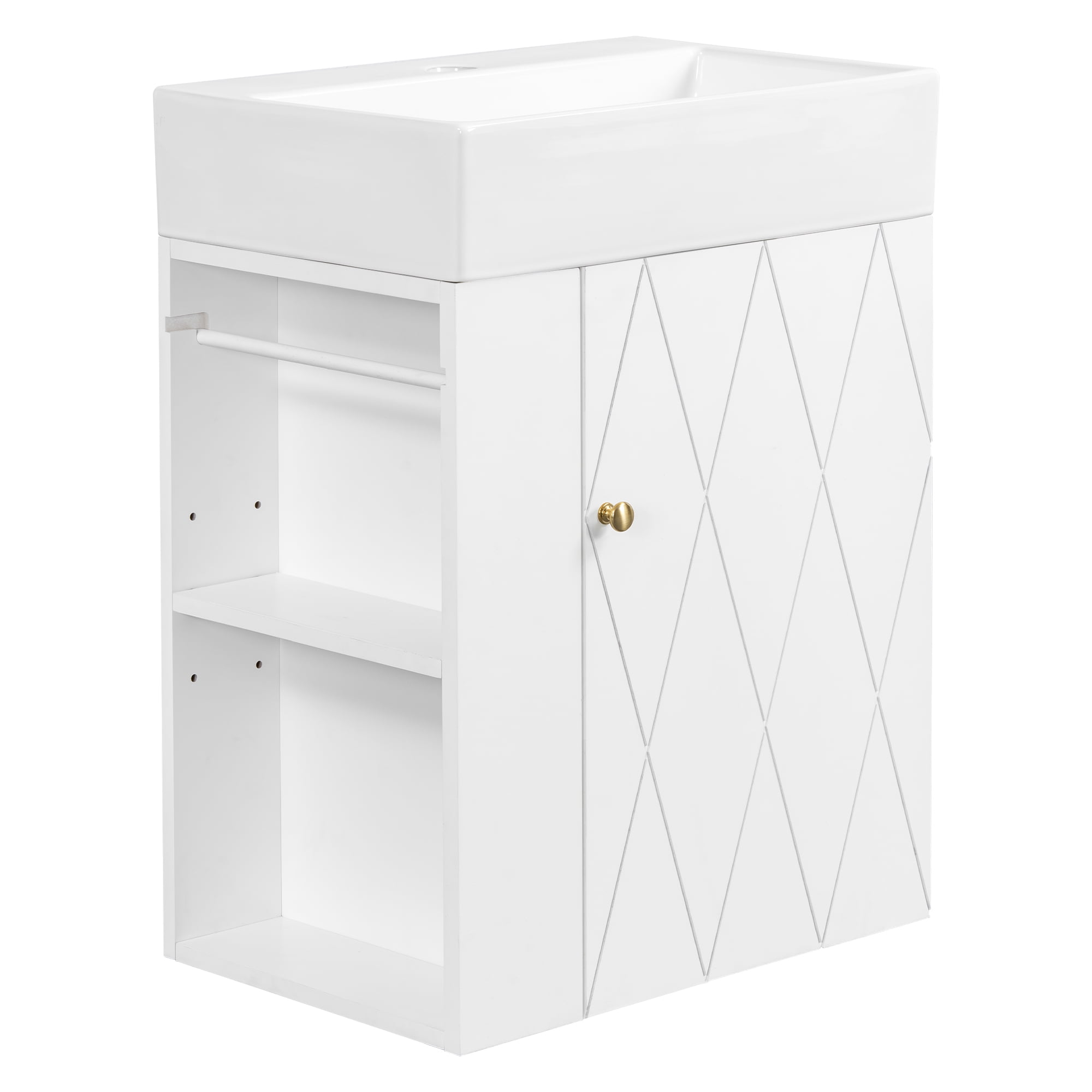 20 Inch Bathroom Vanity with Ceramic Sink, Diamond Pattern Door Design, Gold Handle & Side Storage Shelves – Modern Small Space Cabinet with Towel Bar, MDF Construction