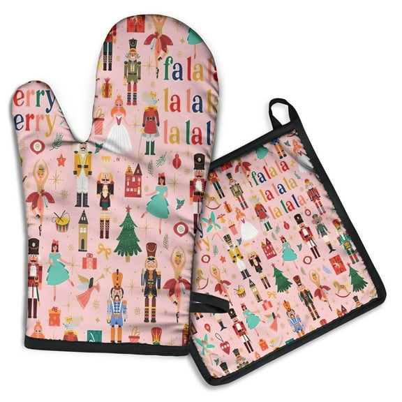 Pink Christmas Nutcracker Pattern Kitchen Oven Mitt and Pot Holder Sets 2 Pcs for Baking, Cooking and Grilling, Heat Resistant Up To 392 °F