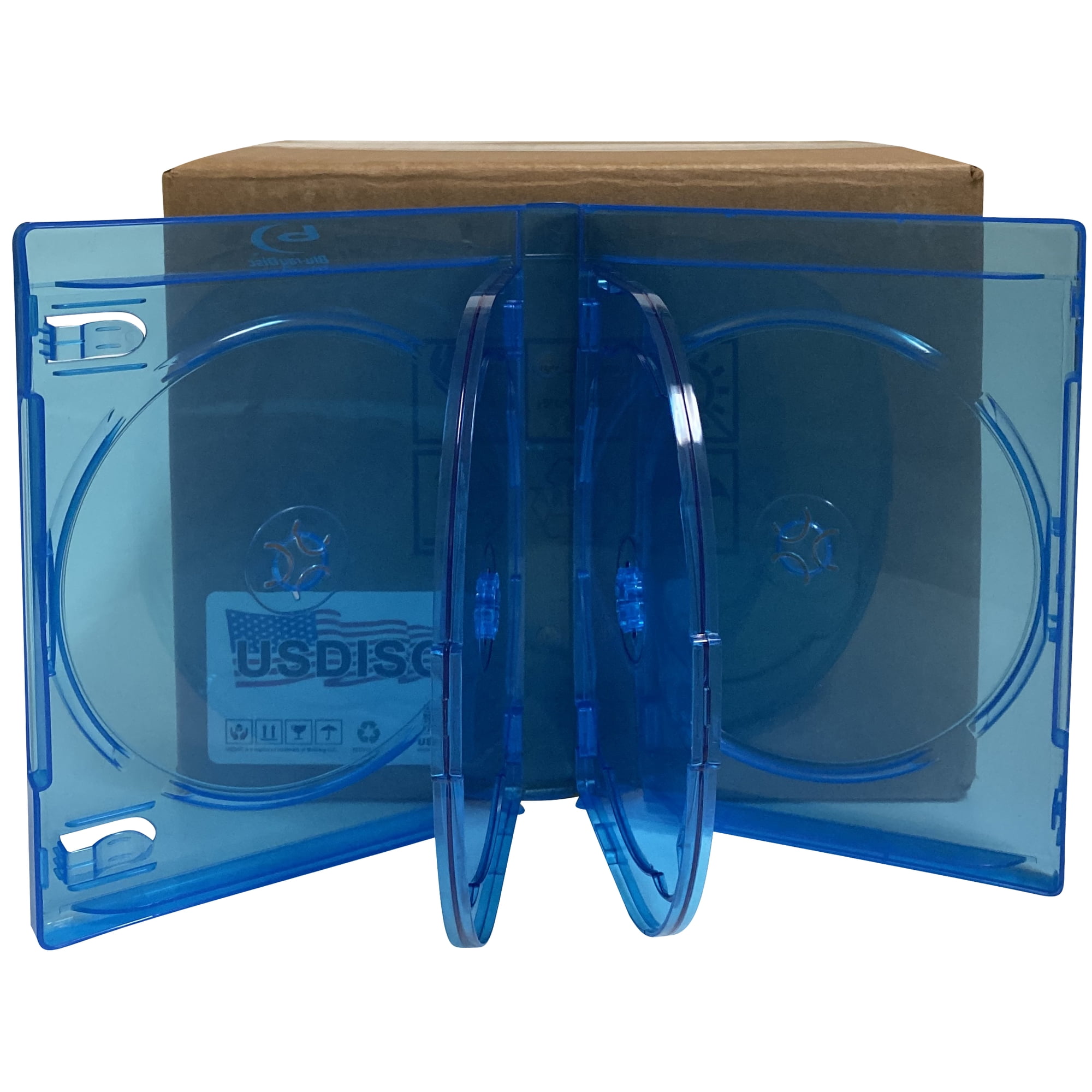 USDISC Blu-ray Cases Chubby 21mm, Sextuple 6 Disc, Clear Blue, Pack Of 10