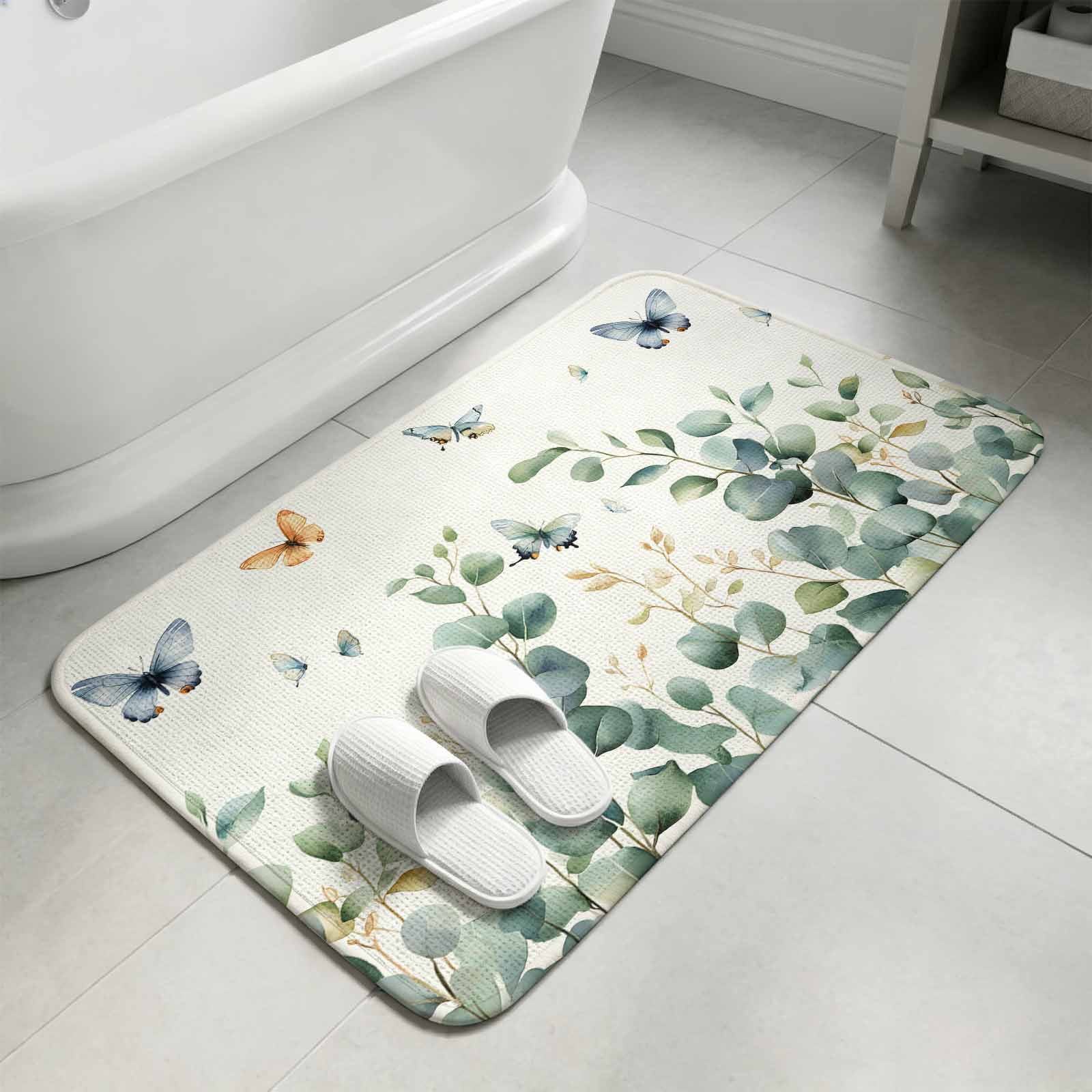 Spring Green Eucalyptus Leaf Butterfly on White Door Mat,Indoor Outdoor Welcome Doormat Botanical Absorbent Linen Front Door Mats Non-Slip Entrance Rug for Kitchen Bathroom Entryway,16x24in
