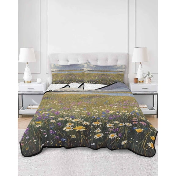 Quilts Twin XL Size, Spring Floral Soft Comforter Bedding Set for Bed, Farmhouse Botanical Modern Oil Painting Lightweight Quilted Bedspread with Pillow Cover(2 Pieces) for All Season, 68x98 Inch