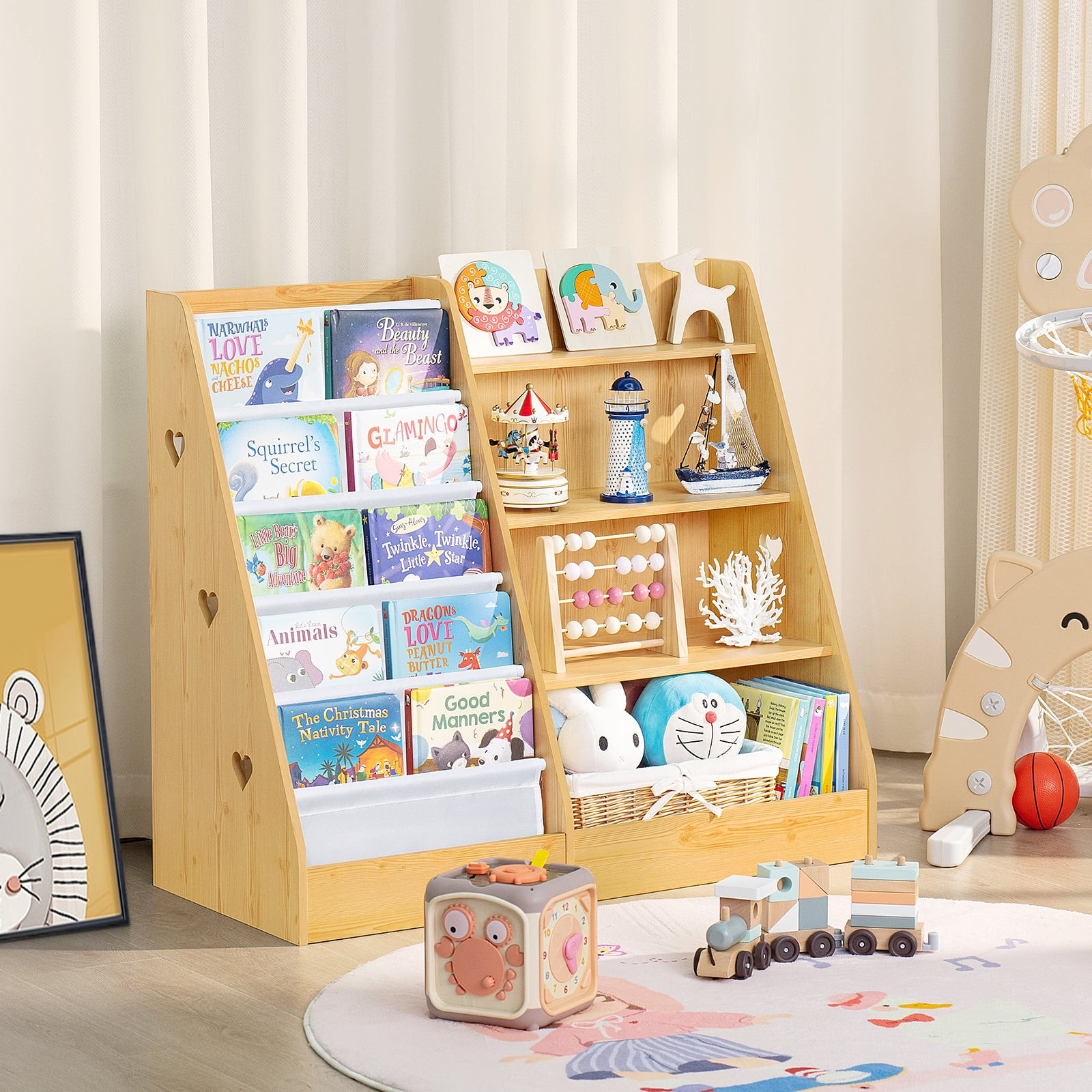 LELELINKY 35.5"Wide Large Kids Bookcase, 4-Tiers Kids Book Organizer Bookshelf with 5 Layer Sling, Wooden Bookshelf for Kids Room