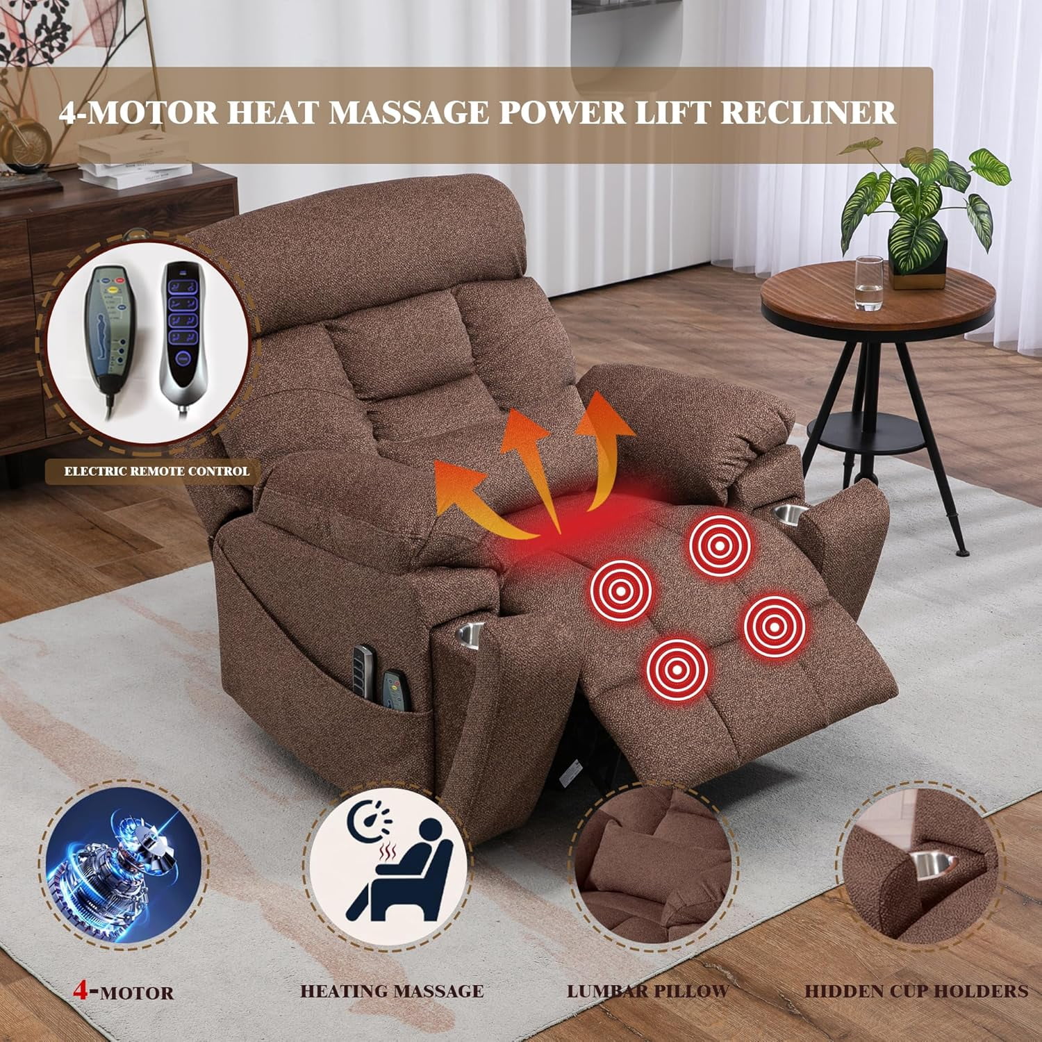 4 OKIN Motor Power Lay Flat Lift Recliner Chair for Elderly Adults Extra Large Recliners with Massage Heat, Adjustable Head-Back-Lumbar-Leg-Support, Extended Footrest, 2 Cup Holders