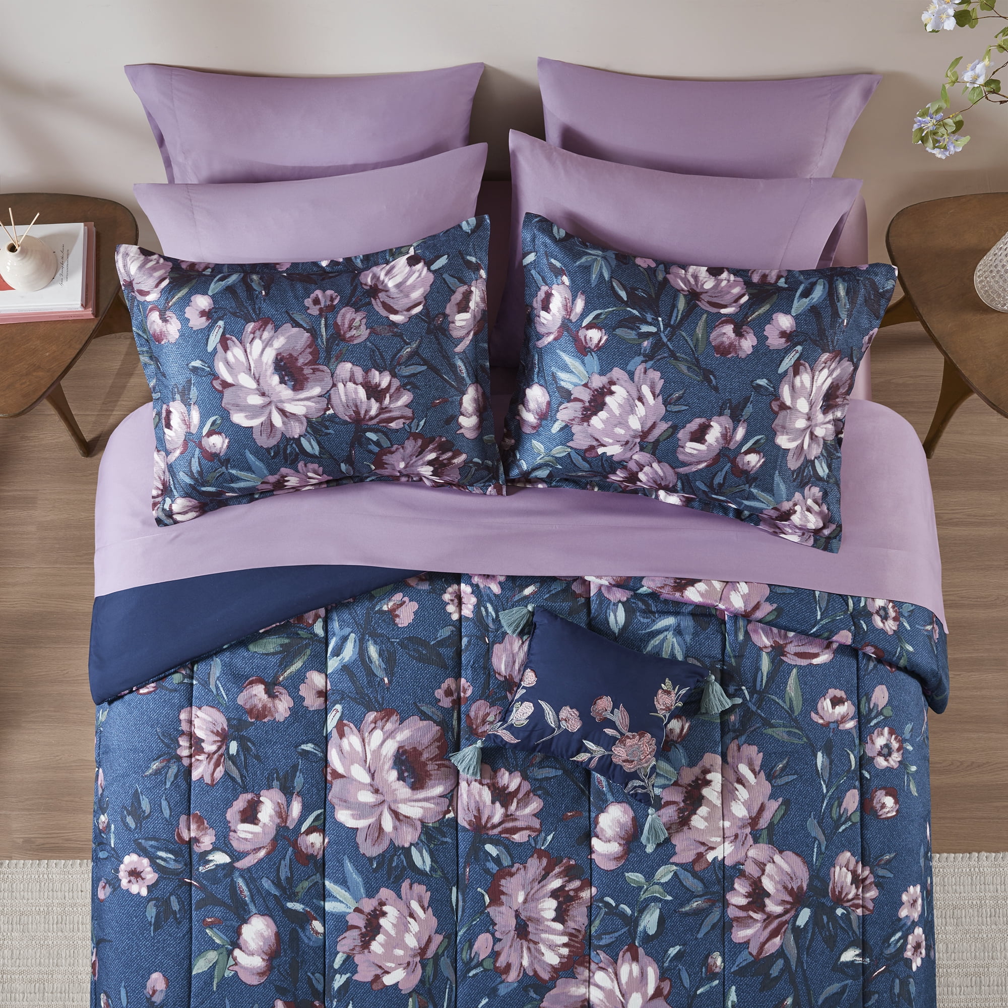 Mainstays All in One Reversible Comforter and Sheet set- 11 Piece, Queen, Navy Floral