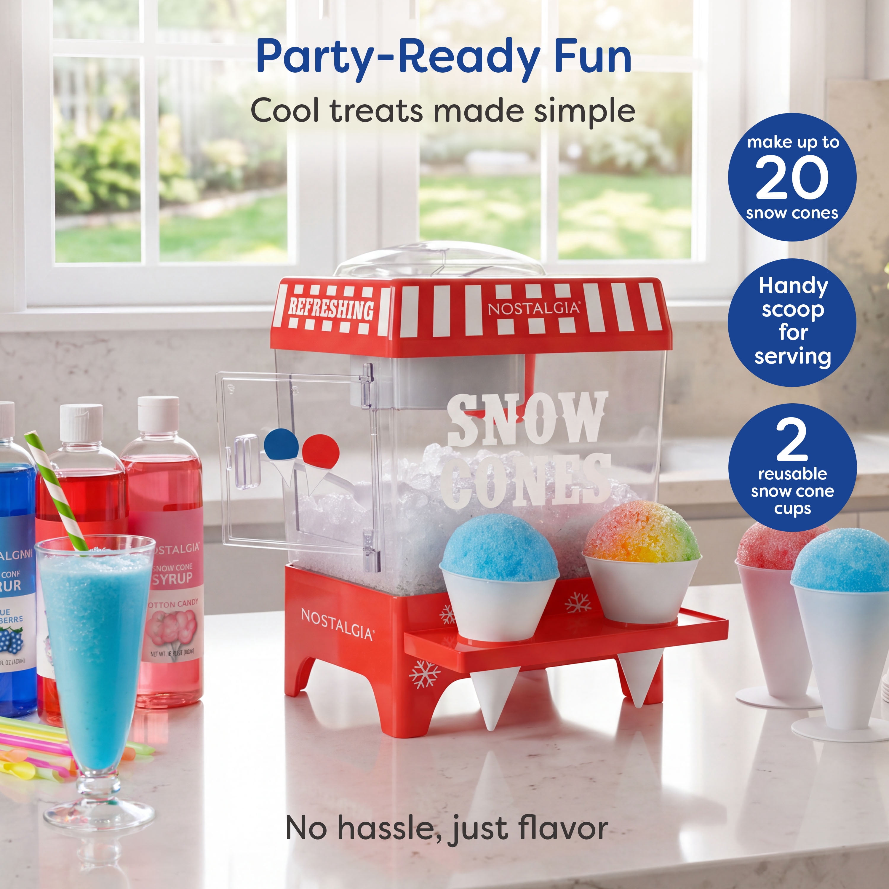 Nostalgia Snow Cone Maker, Tabletop Shaved Ice Machine with 2 Reusable Cones and Ice Scoop, Cherry Red